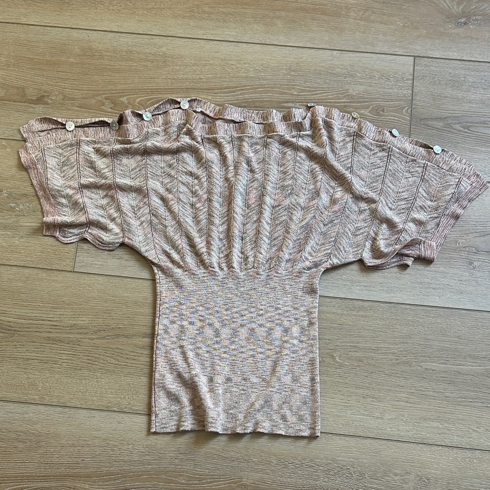 XOXO Soft Knit Off-Shoulder Top in Blush Peach, taupe, ivory w gold threads. Med